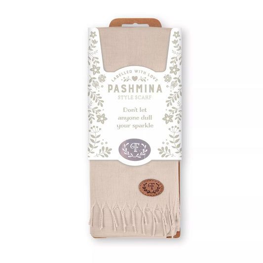 Labelled With Love stone coloured fringed Pashmina personalised with the initial F. In pretty floral packaging.