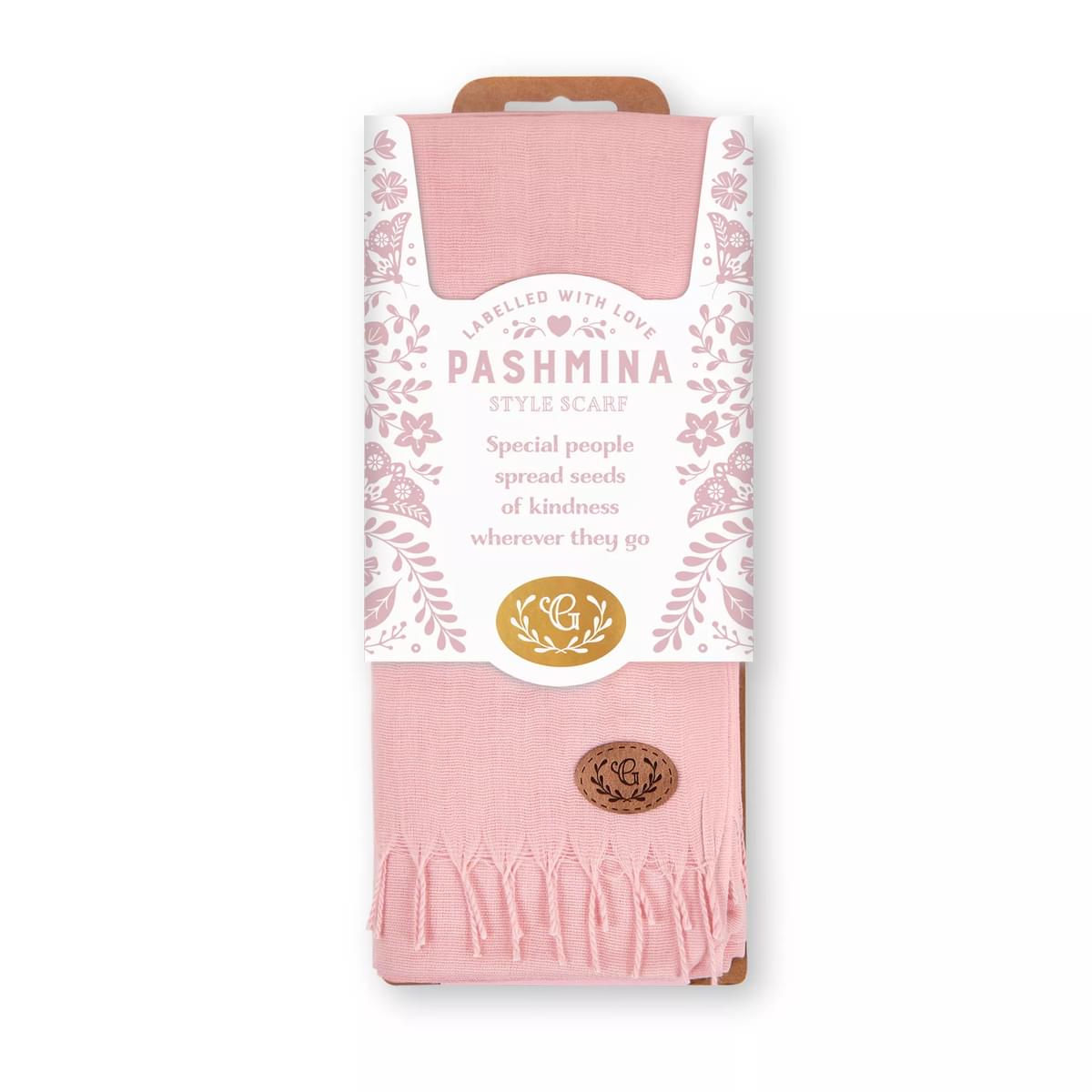 Labelled With Love pink fringed Pashmina personalised with the initial G. In pretty pink and white floral packaging.