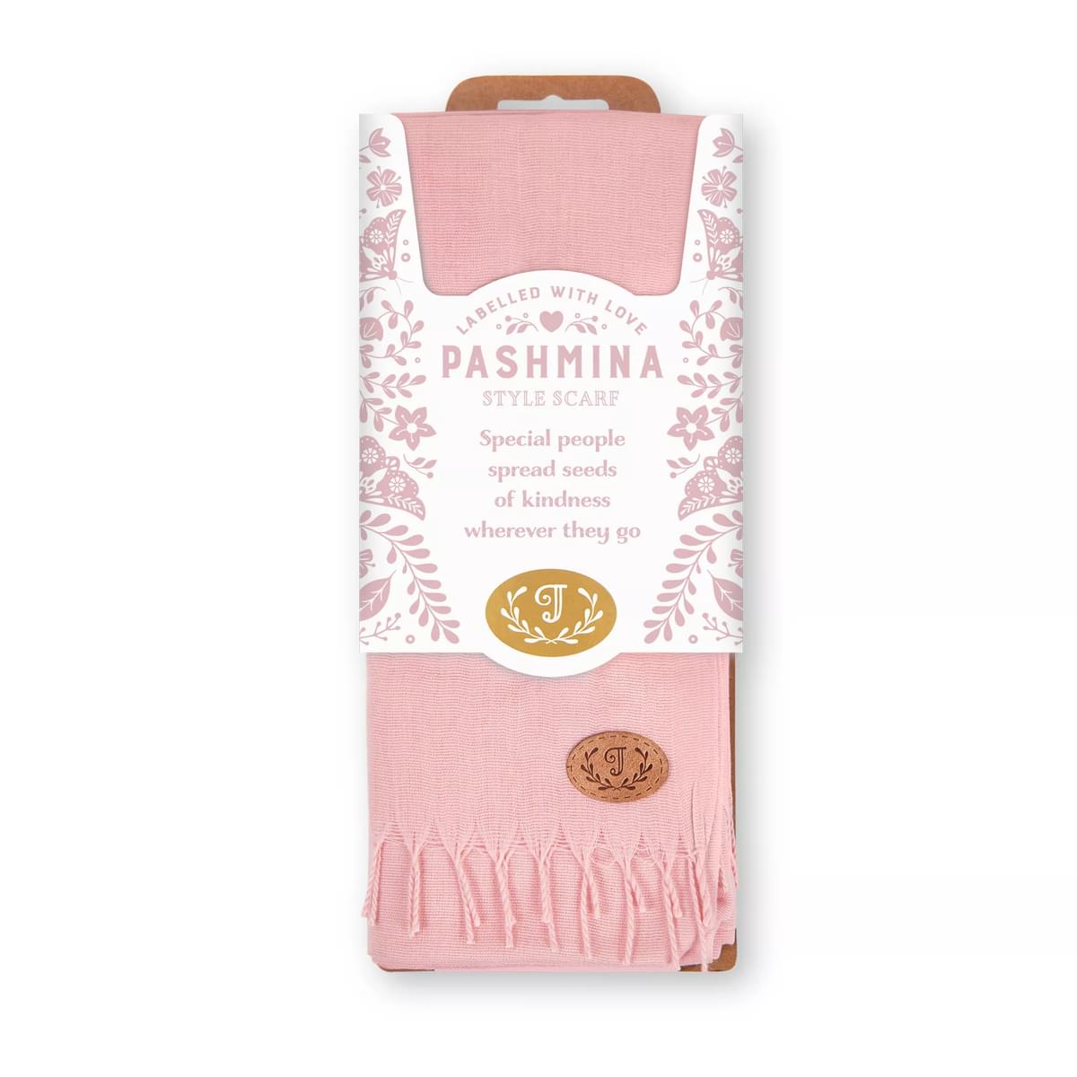 Labelled With Love pink fringed Pashmina personalised with the initial J. In pretty pink and white floral packaging.