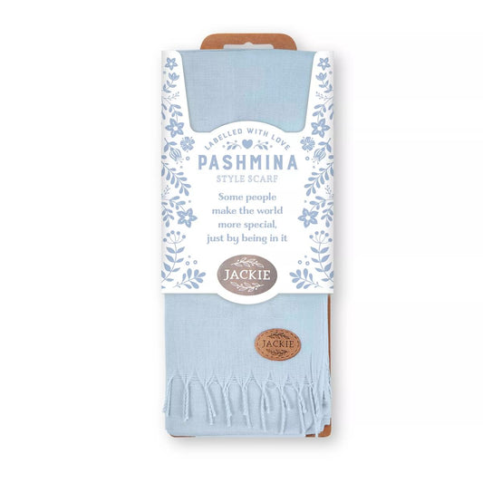 Labelled With Love blue fringed Pashmina personalised with the name Jackie. In pretty blue and white floral packaging.