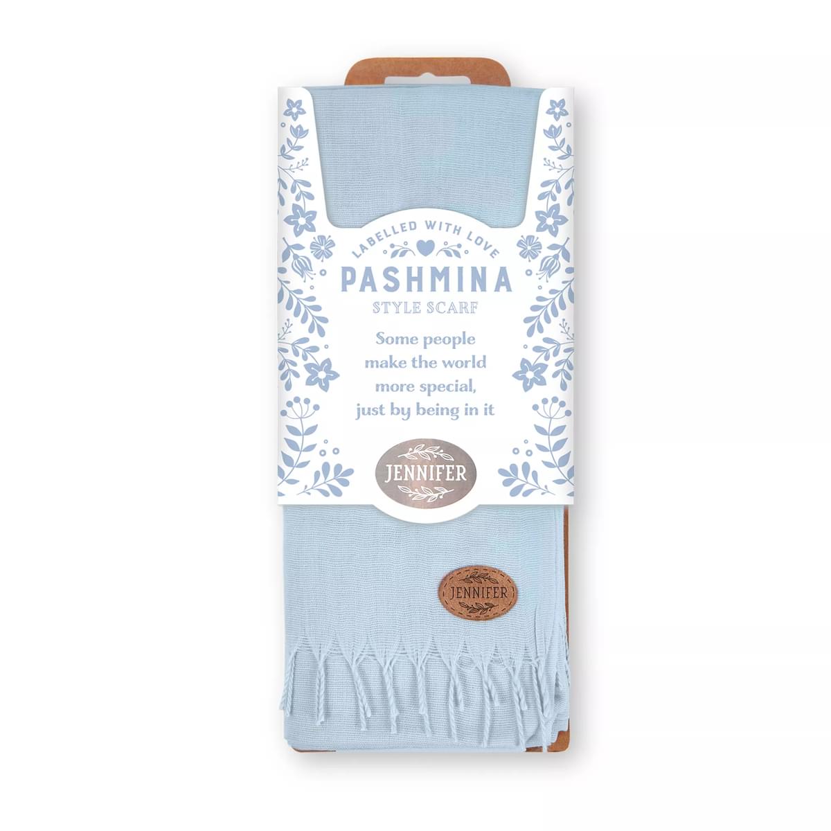 Labelled With Love blue fringed Pashmina personalised with the name Jennifer. In pretty blue and white floral packaging.