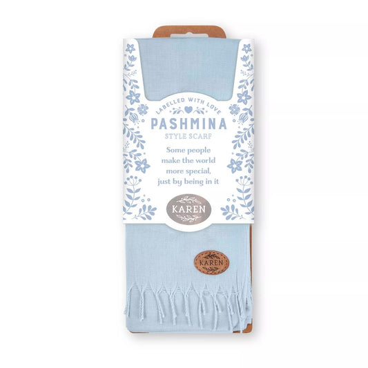 Labelled With Love blue fringed Pashmina personalised with the name Karen. In pretty blue and white floral packaging.