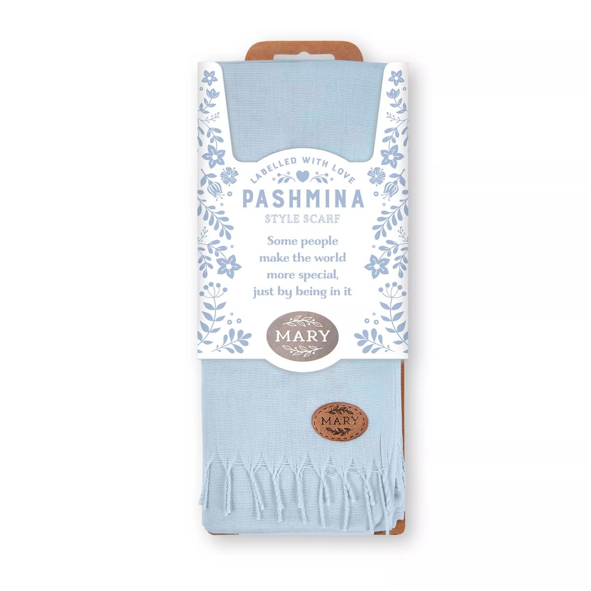 Labelled With Love blue fringed Pashmina personalised with the name Mary. In pretty blue and white floral packaging.