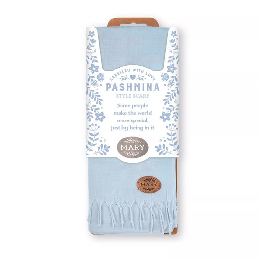 Labelled With Love blue fringed Pashmina personalised with the name Mary. In pretty blue and white floral packaging.