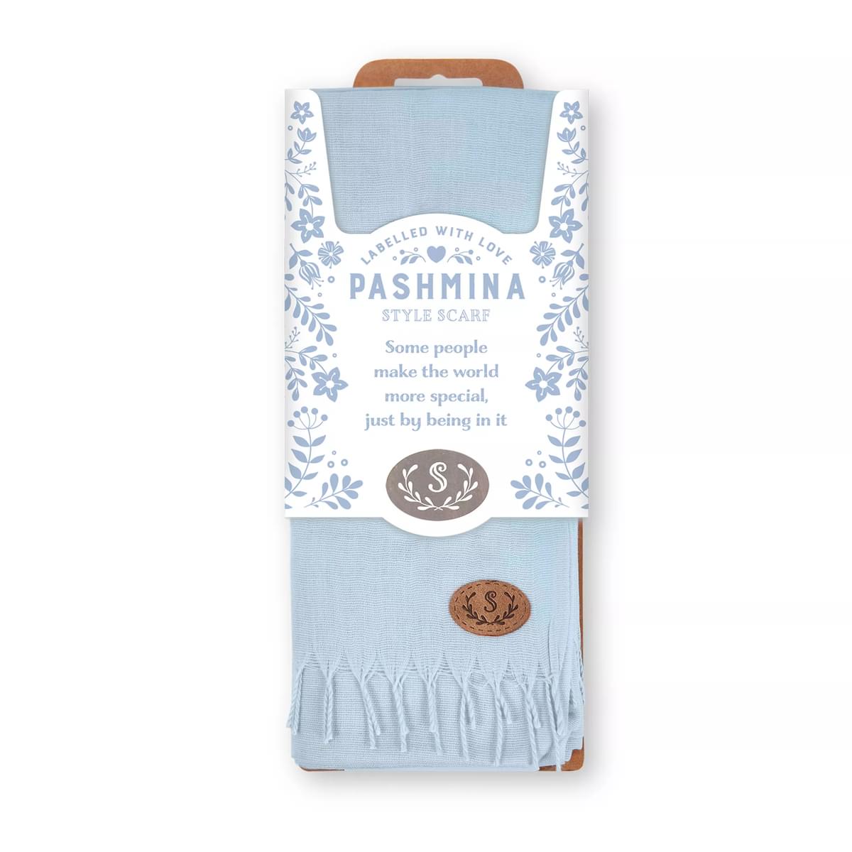 Labelled With Love blue fringed Pashmina personalised with the initial S. In pretty blue and white floral packaging.