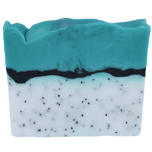 Lime and Black Pepper soap slice from Bomb Cosmetics. With lime and black pepper essential oil blend. White and black polka dot lower layer with black stripe and green top layer. Glycerin soap and vegan friendly.