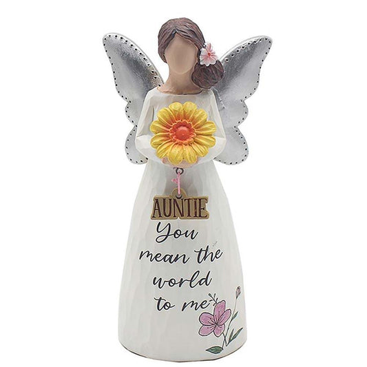 Love & Affection ceramic angel for Auntie in white with silver wings. holding Auntie sign and large yellow sunflower. Text reads - You mean the world to me.