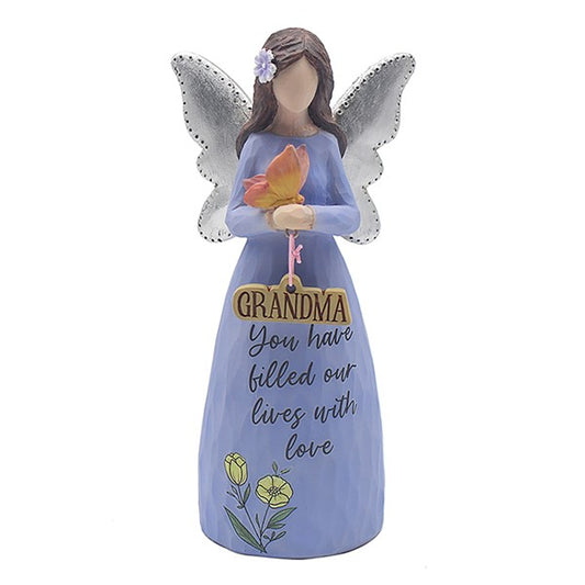 Love & Affection ceramic angel for Grandma. In blue with silver wings and holding a butterfly. Text reads Grandma - You have filled our lives with love.