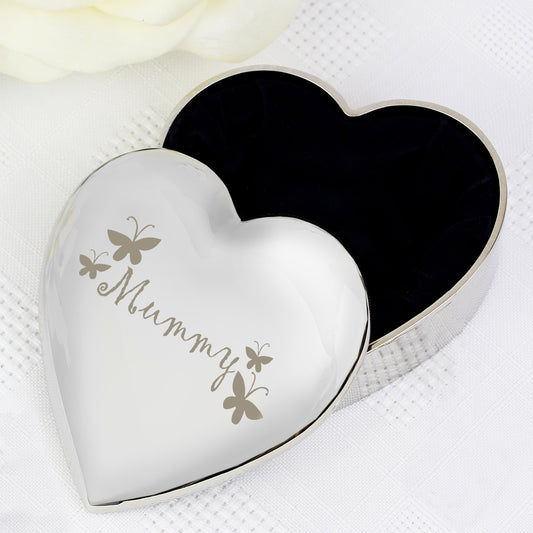 Heart-shaped silver trinket box with '18th Birthday' engraving on a white background