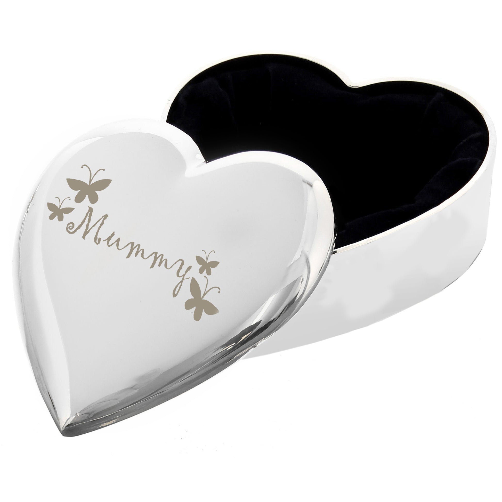 Heart-shaped silver jewellery box with 'Mummy' engraving and butterfly designs on a white background