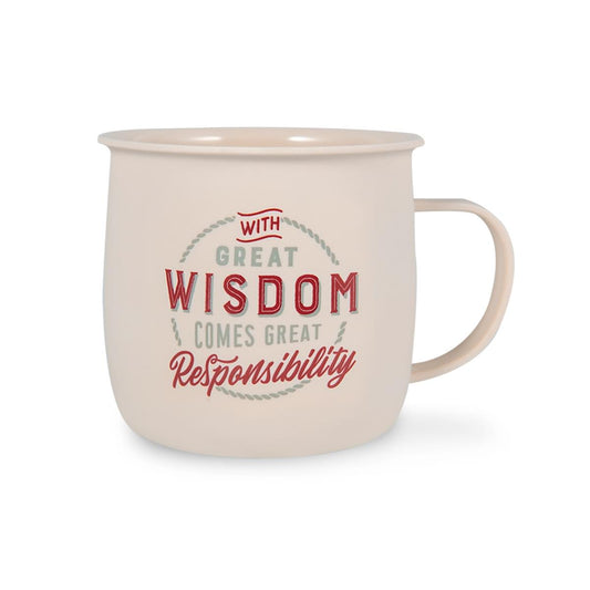 Outdoor Mug made from melamine and with text reading - With Great Wisdom Comes Great Responsibility. In ivory with red and grey text. 