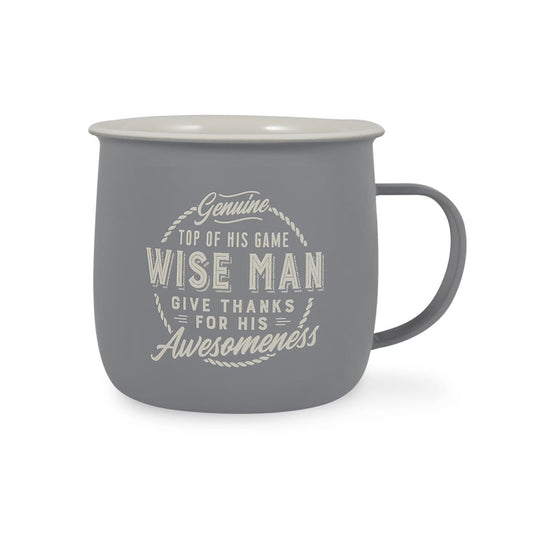 Outdoor mug in melamine. Grey colour with text in white reading - Genuine Top Of His Game Wise Man Give Thanks For His Awesomeness