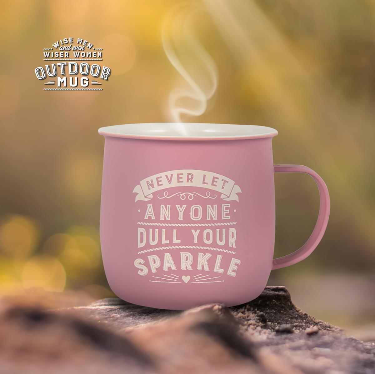 Outdoor Mug shown outdoors with steam rising from the mug.