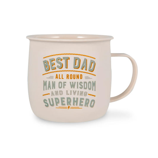 Outdoor Mug in ivory melamine with text reading - Best Dad All Round Man Of Wisdom And Living Superhero.