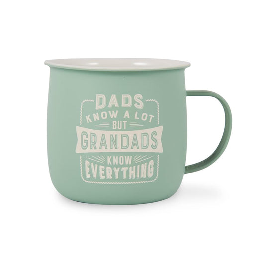 Outdoor Mug in green melamine with text reading - Dads Know A Lot But Grandads Know Everything.