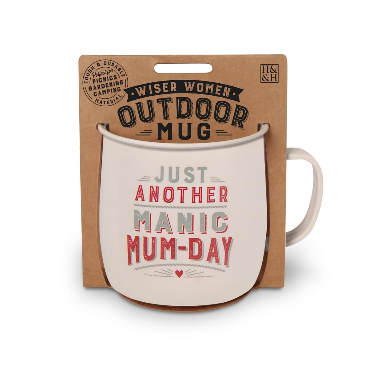 Outdoor Mug in ivory melamine with grey and red text reading - Just Another Manic Mum-Day.