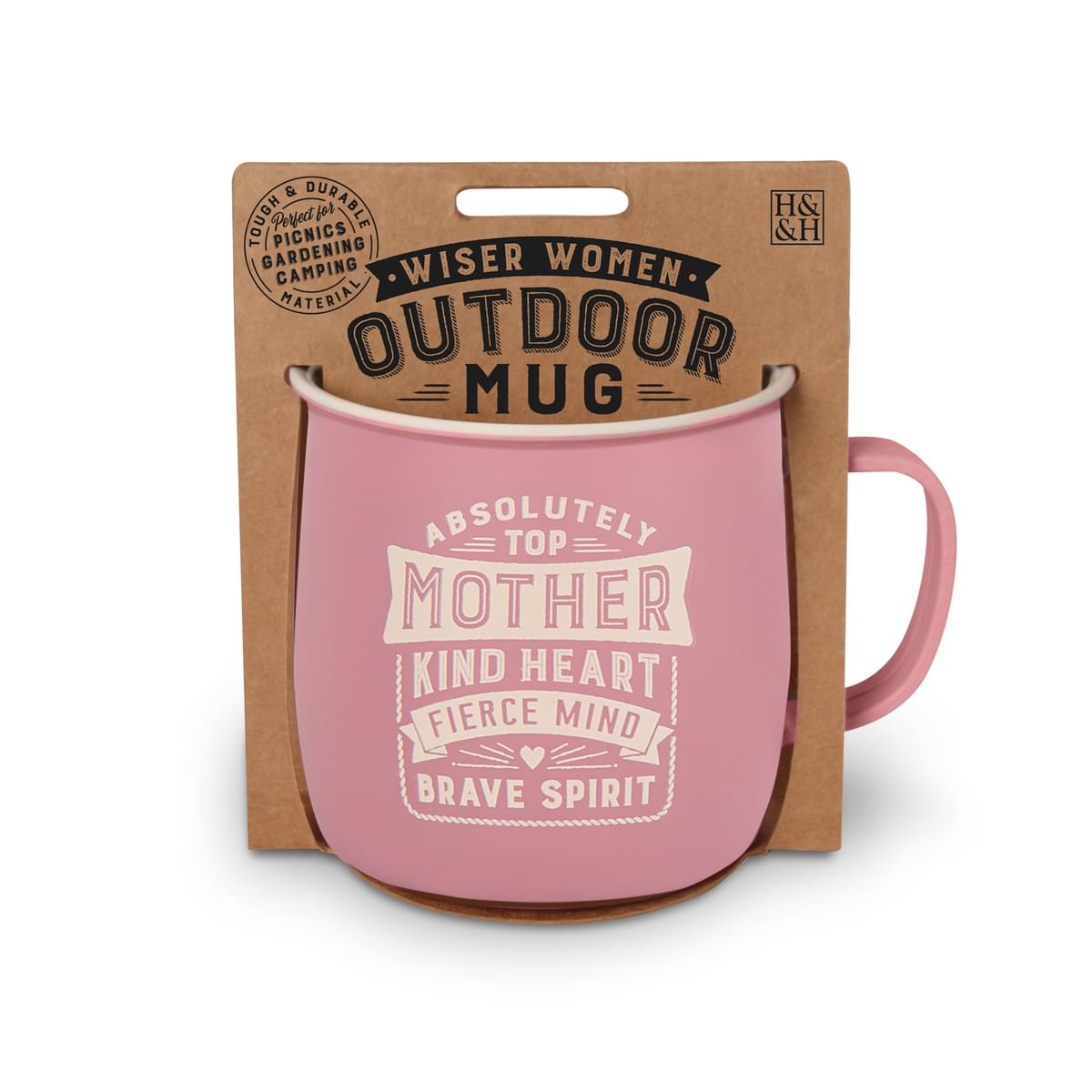 Outdoor Mug in pink melamine with ivory text reading - Absolutely Top Mother Kind Heart Fierce Mind Brave Spirit.