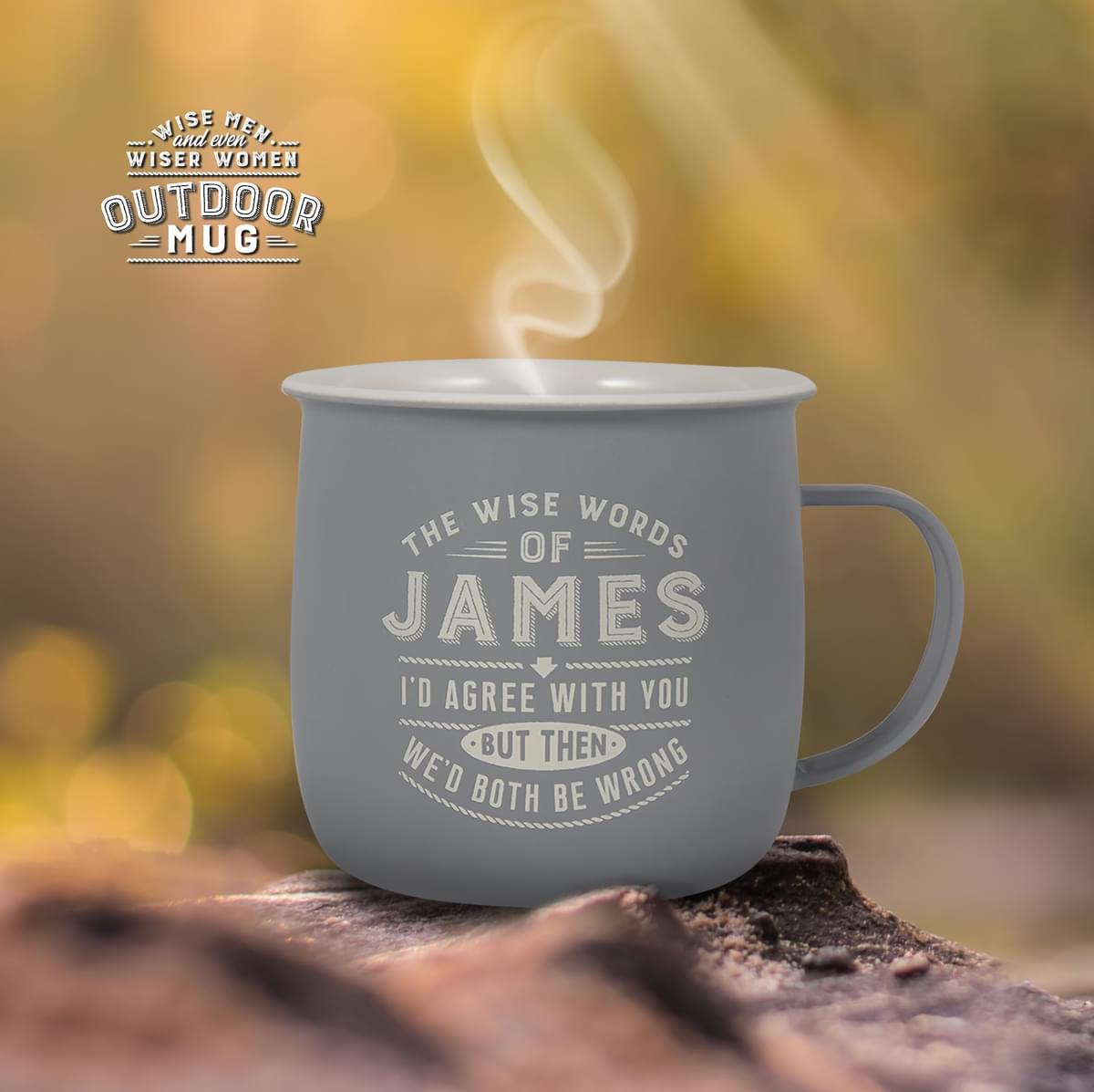 Outdoor James Mug shown outdoors with steam rising from it.