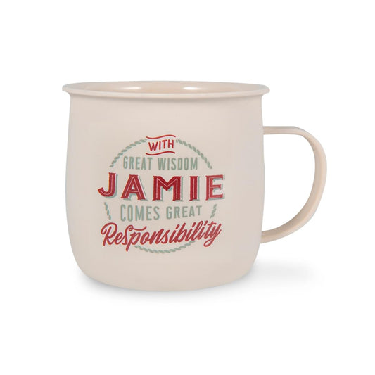 Outdoor Mug in ivory melamine with red and grey text reading - With Great Wisdom Jamie Comes Great Responsibility.