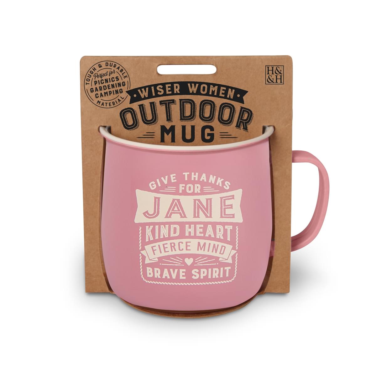 Outdoor Mug in pink melamine with ivory text reading - Give Thanks For Jane Kind Heart Fierce Mind Brave Spirit.