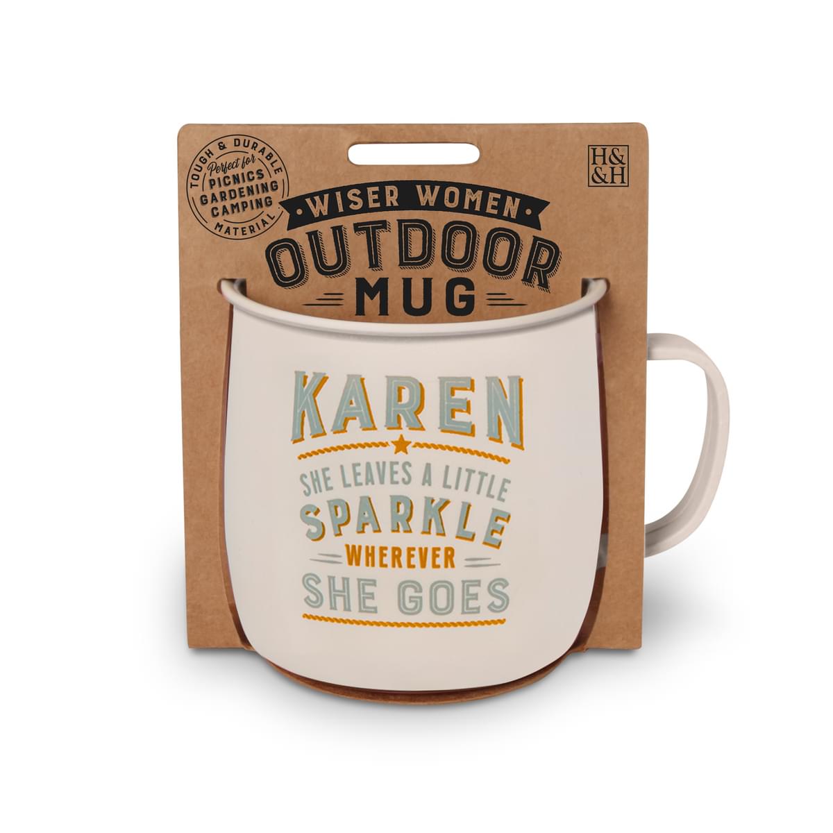 Outdoor Mug in ivory melamine with grey and orange text reading - Karen She Leaves A Little Sparkle Wherever She Goes.