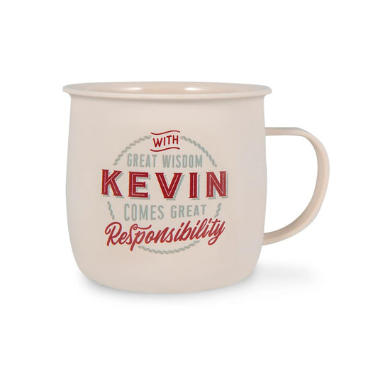 Outdoor Mug in ivory melamine with grey and red text reading - With Great Wisdom Kevin Comes Great Responsibility.
