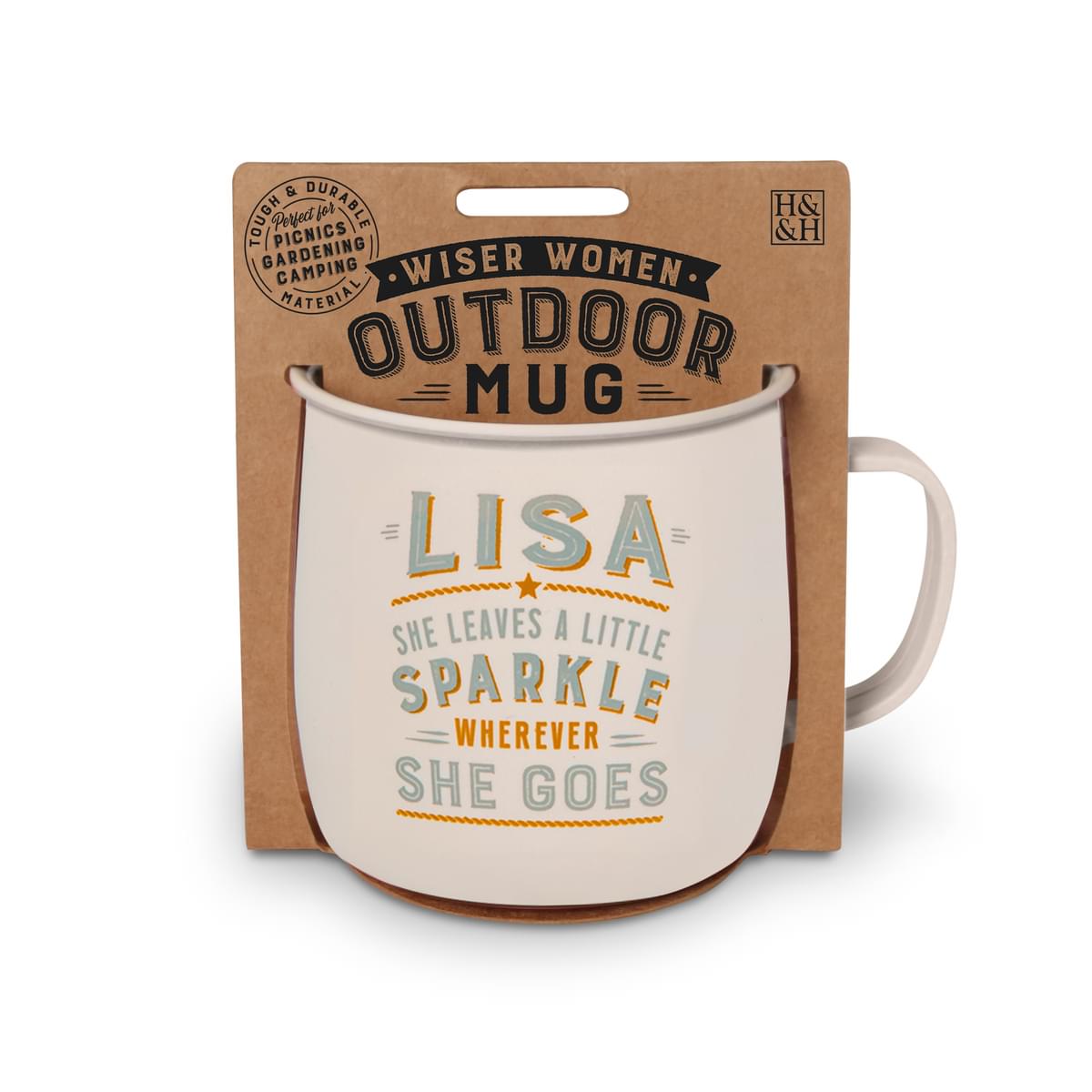 Outdoor Mug in ivory melamine with grey and orange text reading - Lisa She Leaves A Little Sparkle Wherever She Goes.