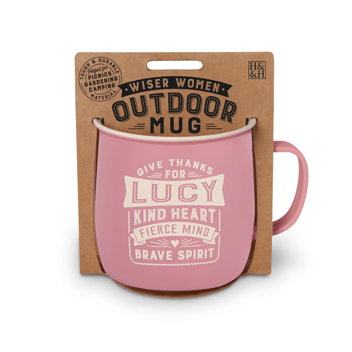 Outdoor Mug in pink melamine with ivory text reading - Give Thanks Lucy Kind Heart Fierce Mind Brave Spirit.