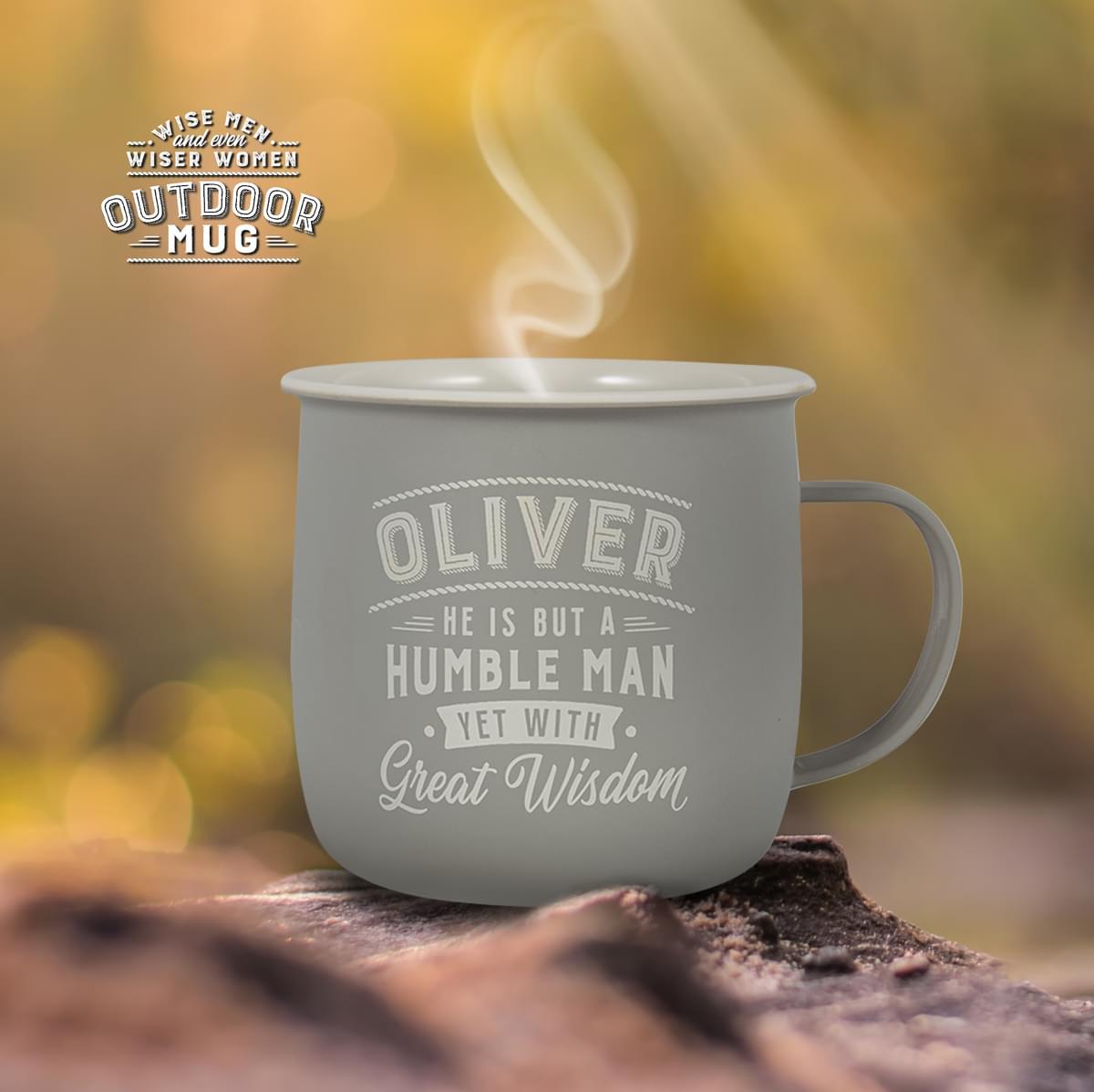 Outdoor Oliver Mug shown outdoors with steam rising from it.