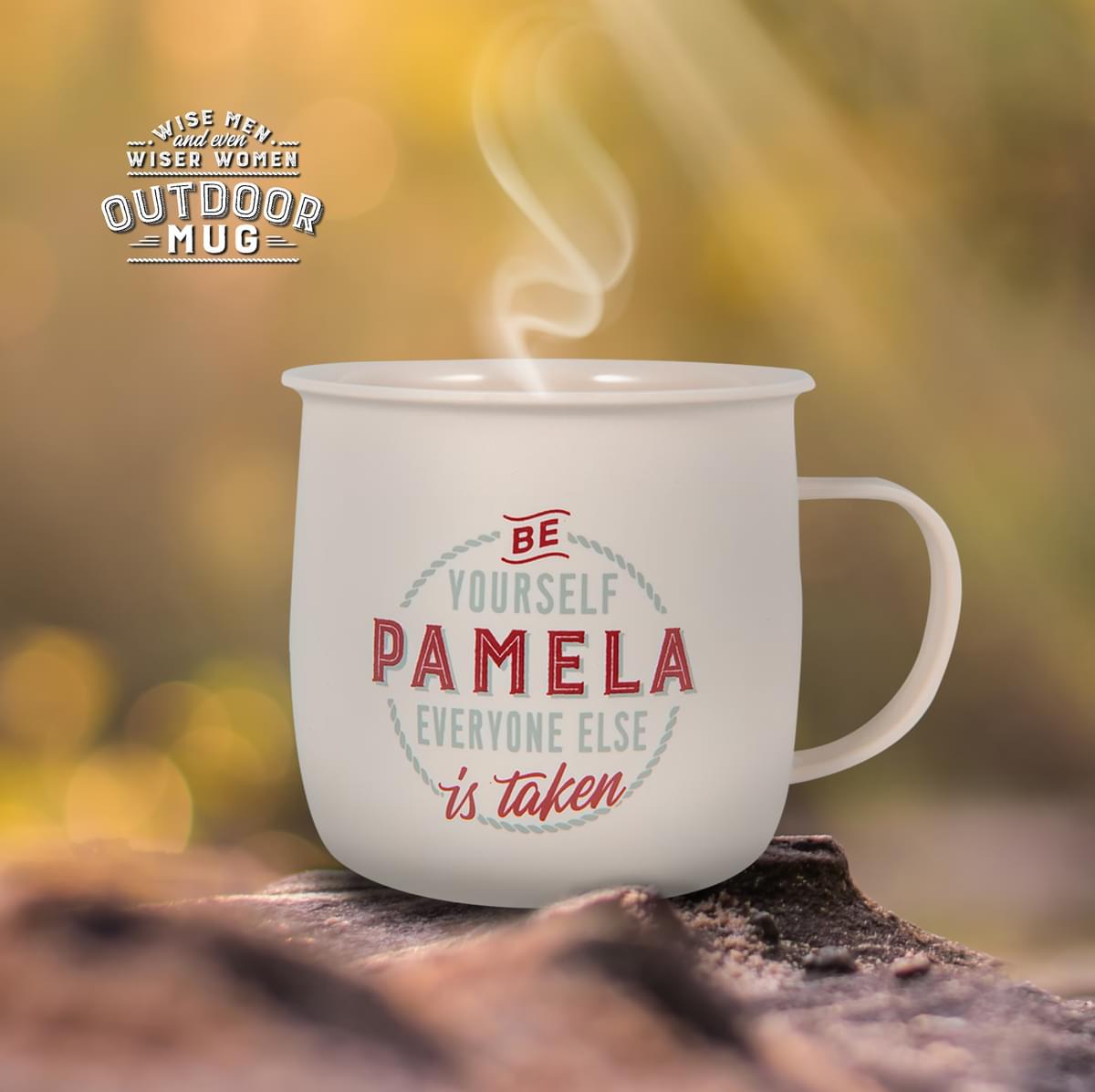 Outdoor Pamela Mug shown outdoors with steam rising from it.