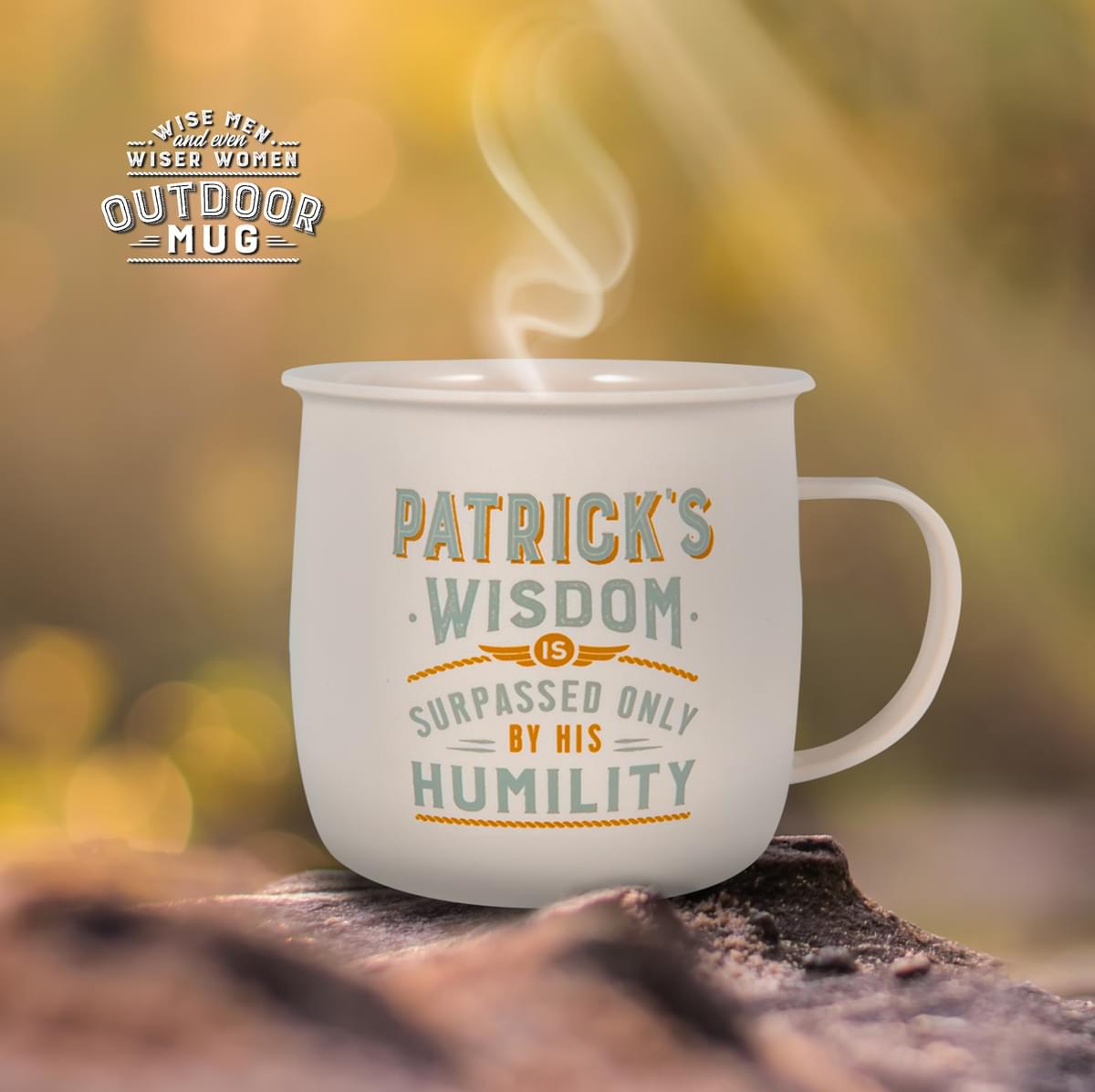 Outdoor Patrick Mug shown outdoors with steam rising from it.