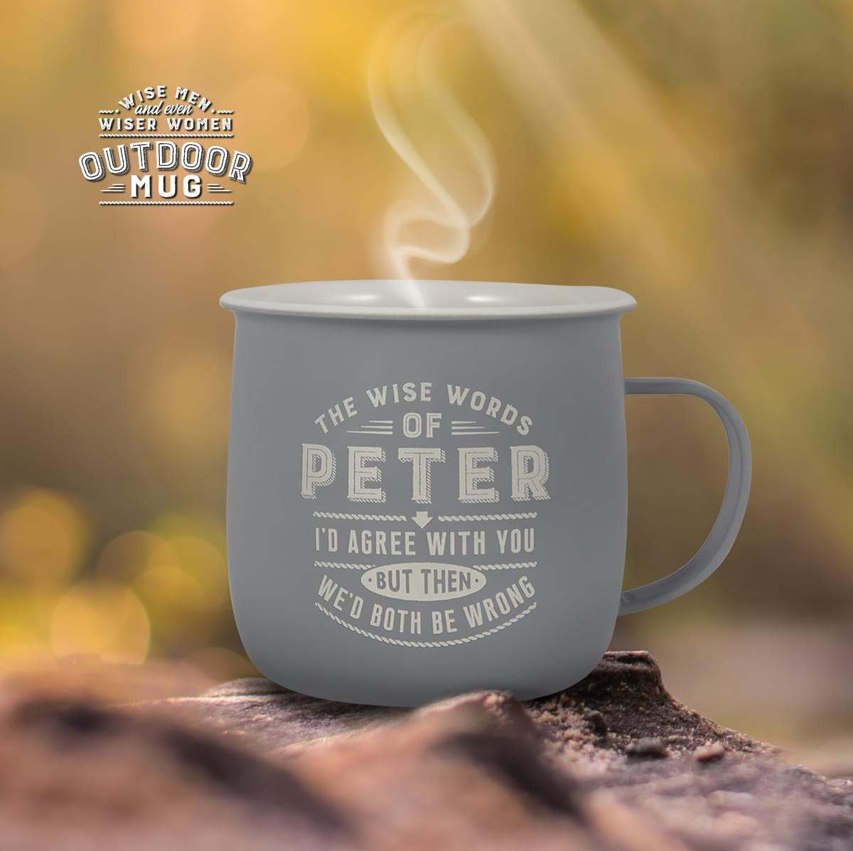 Outdoor Peter Mug shown outdoors with steam rising from it.