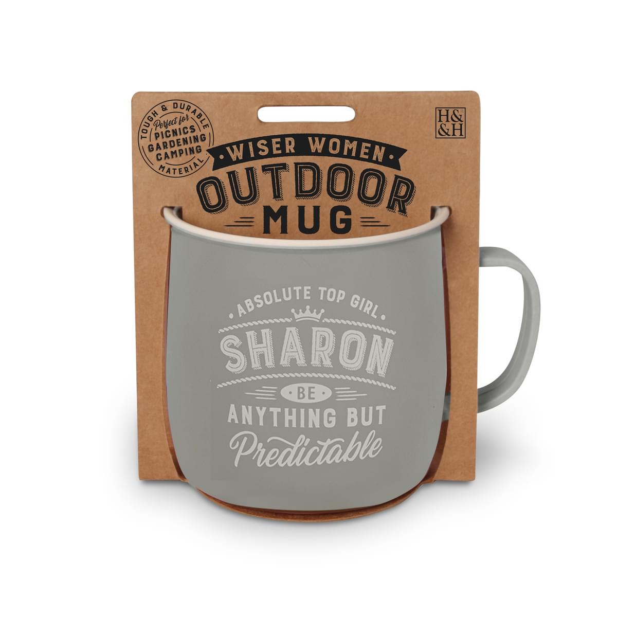 Outdoor Mug in grey melamine with white text reading - Absolute Top Girl Sharon Be Anything But Predictable.