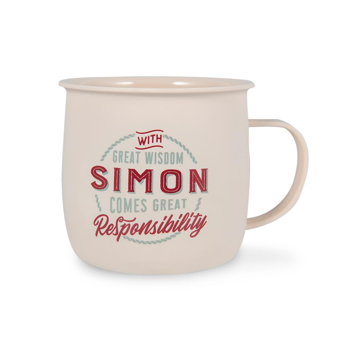 Outdoor Mug in ivory melamine with red and grey text reading - With Great Wisdom Simon Comes Great Responsibility.