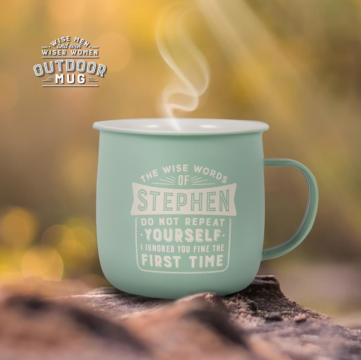 Outdoor Stephen Mug shown outdoors with steam rising from it.