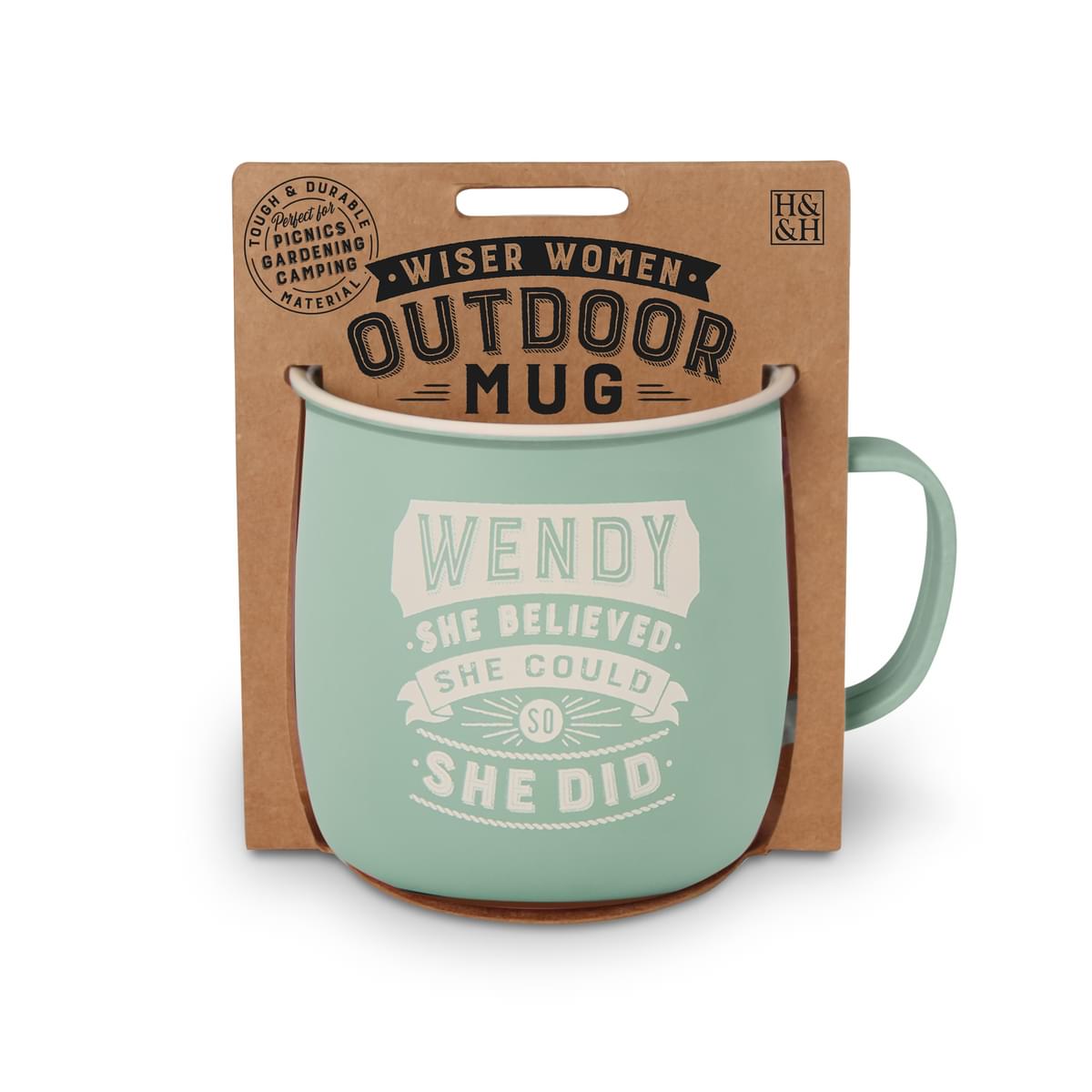 Outdoor Mug in muted turquoise melamine with ivory text reading - Wendy She Believed She Could So She Did.