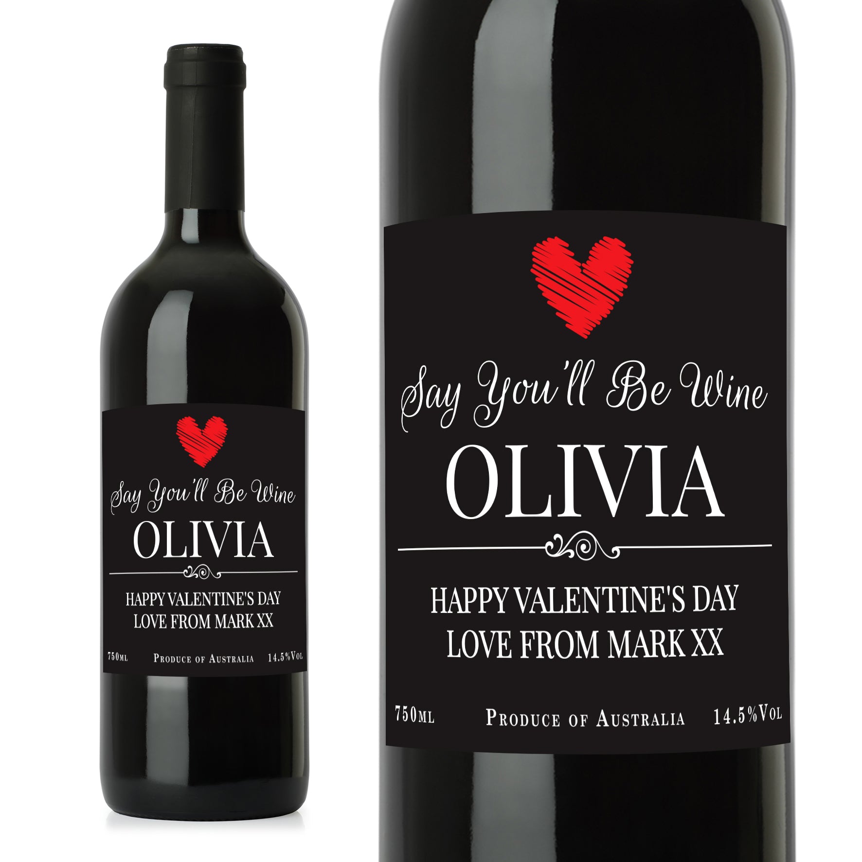 Wine bottle with a personalized label on a white background