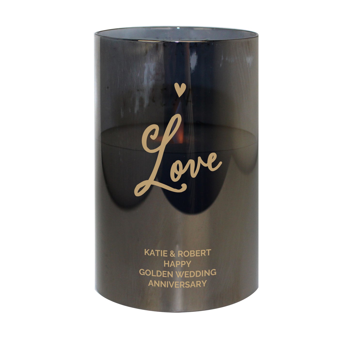 Black cylindrical container with gold text 'Love' and personalised message on a white background