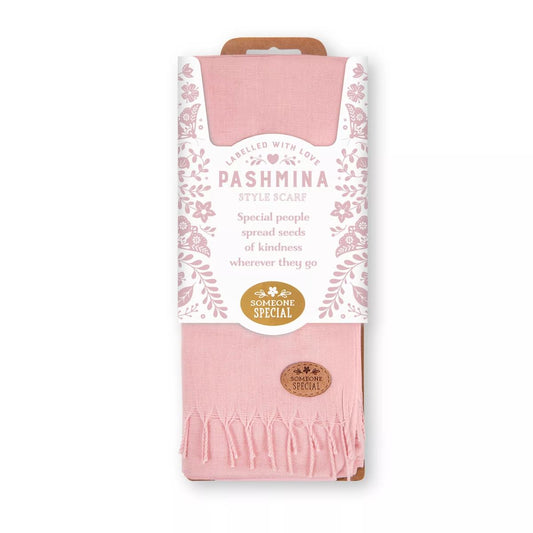 Labelled With Love pink fringed Someone Special Pashmina in pretty pink and white floral packaging.
