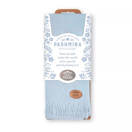 Labelled With Love blue fringed True Friend Pashmina in pretty blue and white floral packaging.