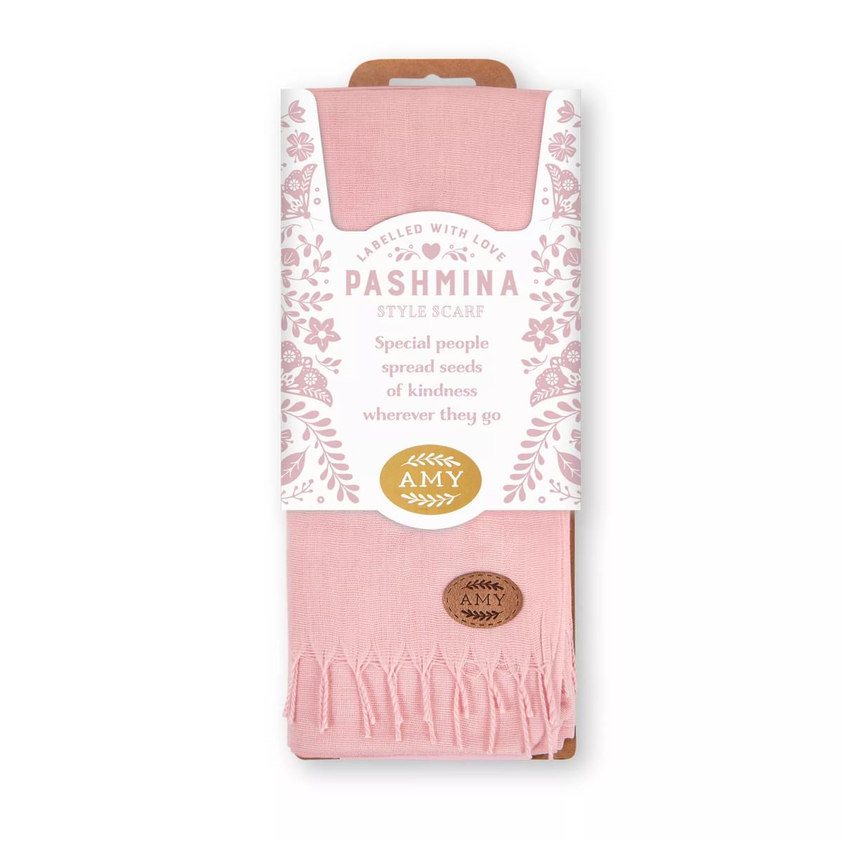 Labelled With Love pink fringed Pashmina with Amy personalisation. In pretty pink and white floral packaging.