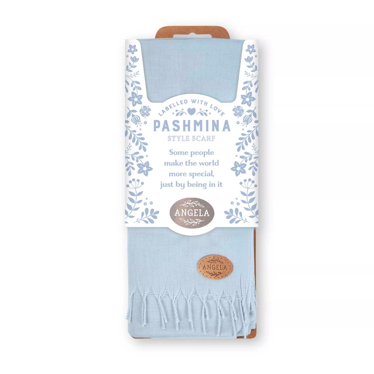 Labelled With Love blue fringed Pashmina with Angela personalisation. In pretty blue and white floral packaging.