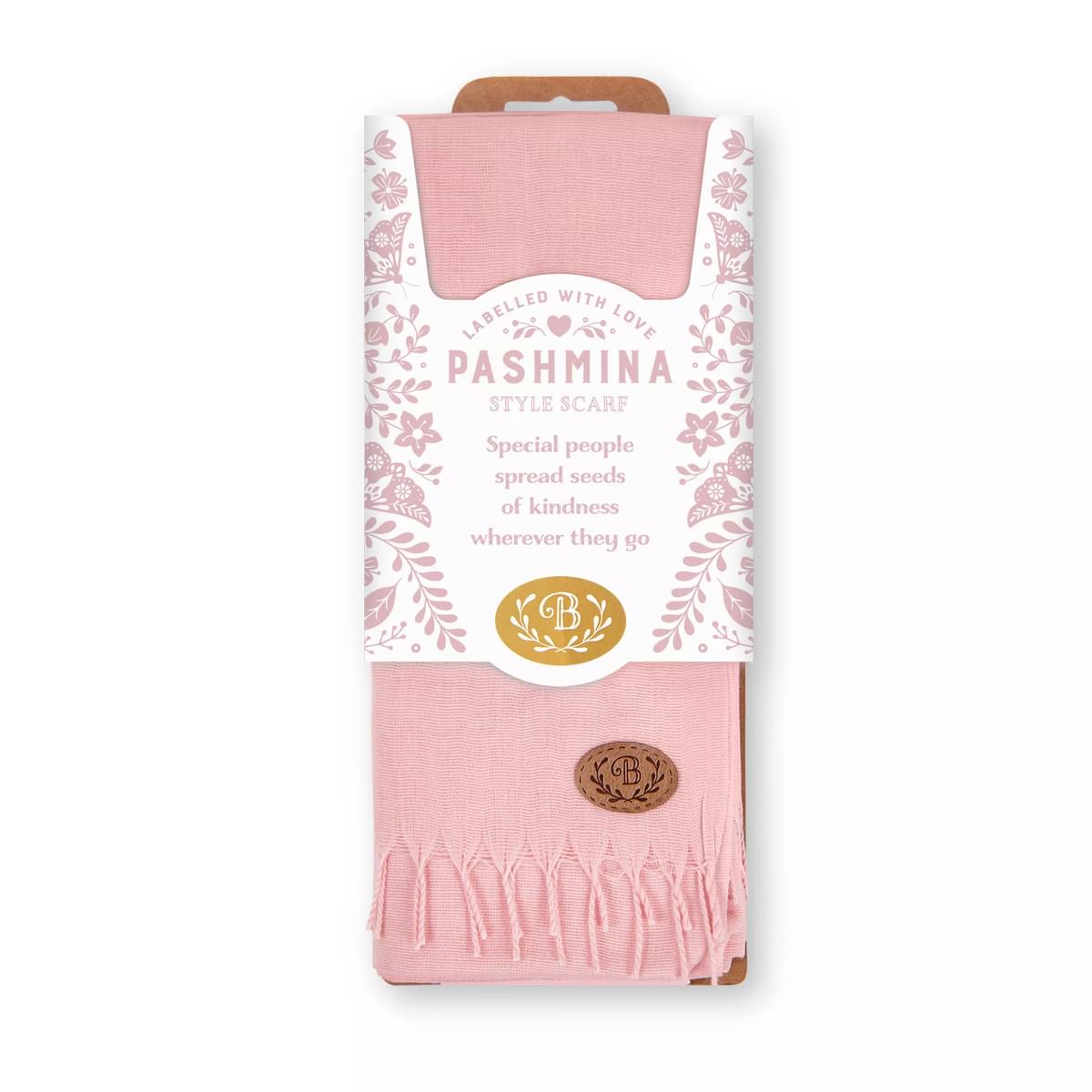 Labelled With Love fringed pink Pashmina personalised with the initial B. In pretty pink and white floral packaging.