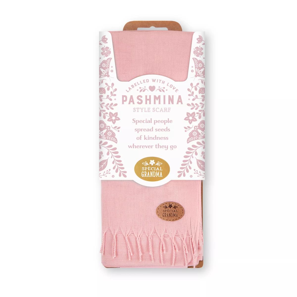 Labelled With Love pink fringed Pashmina with oval shaped tag reading - Special Grandma. In pretty pink and white floral packaging.