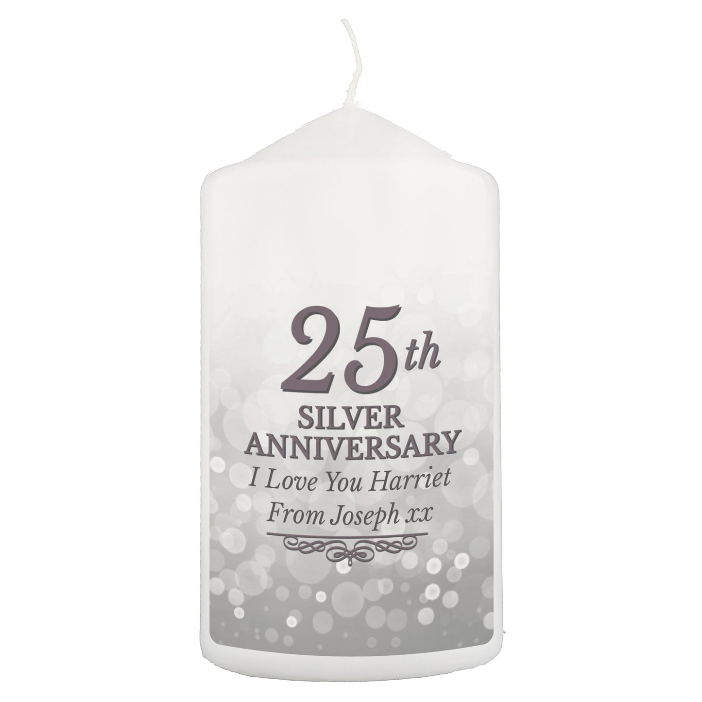 White candle with '25th Silver Anniversary' text on a white background
