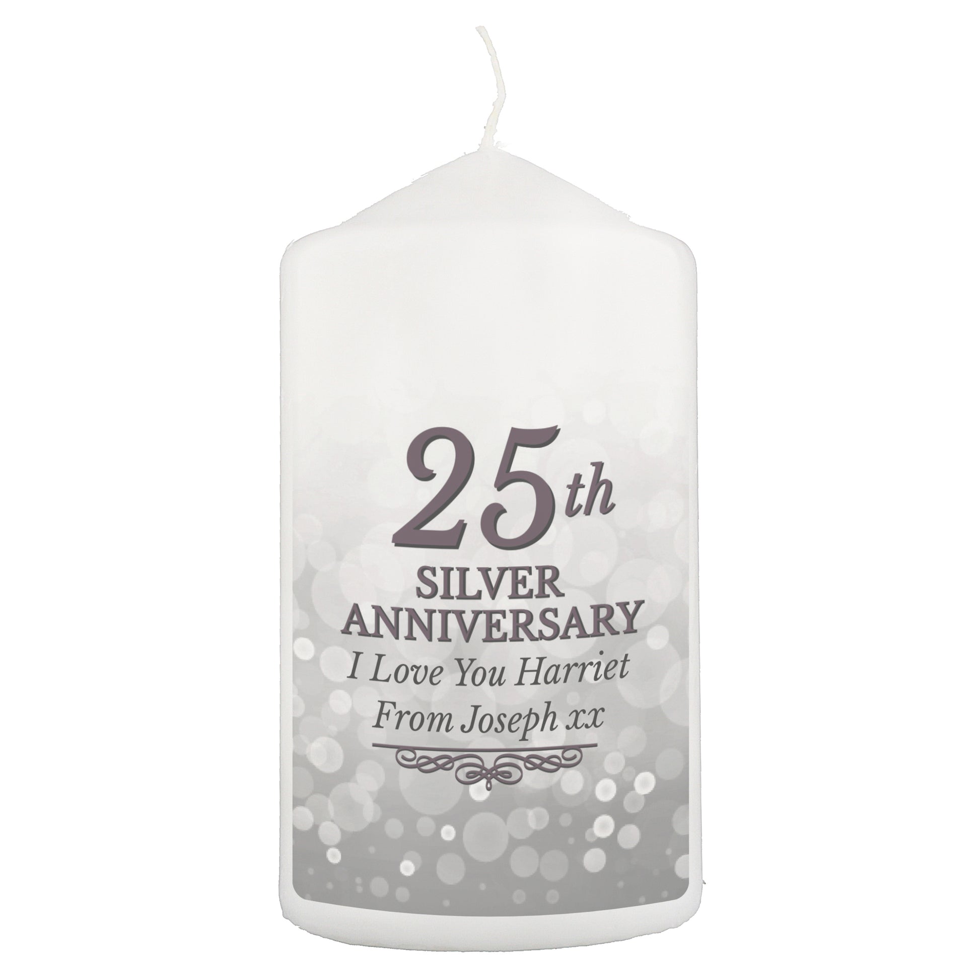 White candle with '25th Silver Anniversary' text on a white background