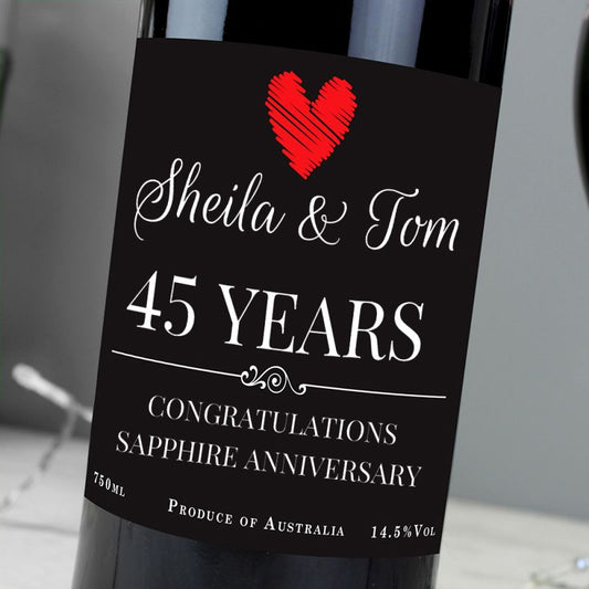 Wine bottle with a personalised label for Sheila and Tom celebrating 45 years of marriage.