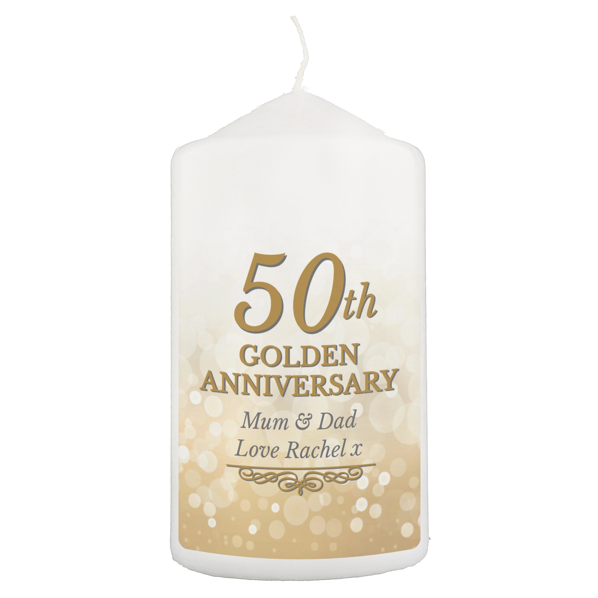 White candle with '50th Golden Anniversary' text and decorative elements on a white background