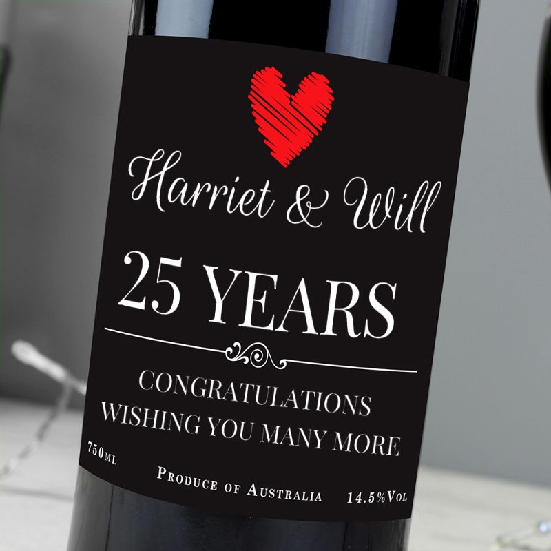 Wine bottle with a personalised label for Harriet & Will celebrating 25 years.