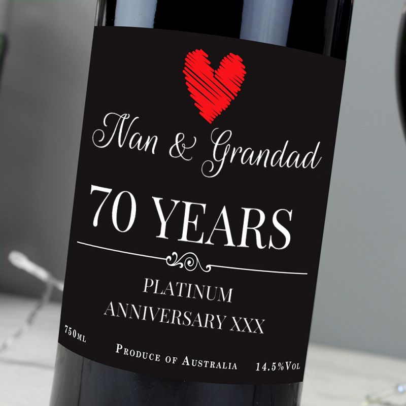 Wine bottle with a personalised label for Nan & Grandad's 70th anniversary.